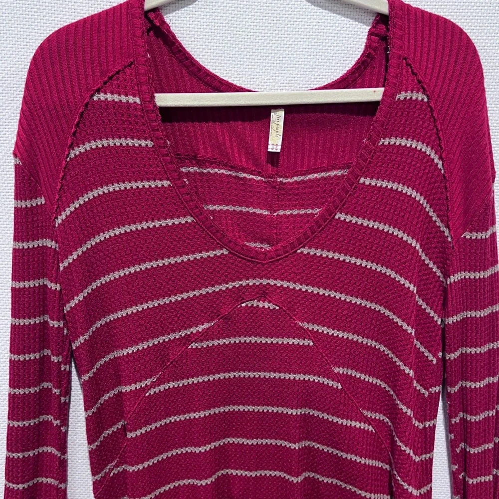 Free People Crimson‎ Striped Thermal Long Sleeve V Neck Casual Top Size Small